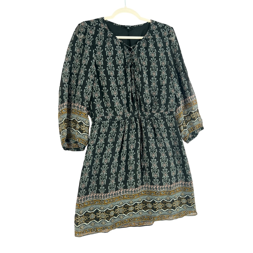 Madewell Boho Silk Blend Mini Dress Paisley Border Print Bell Sleeve Size 12